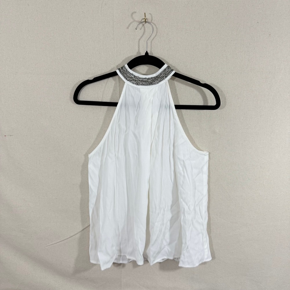 Willow & Clay White Beaded Halter Top Womens Size S Rayon Viscose Made in USA